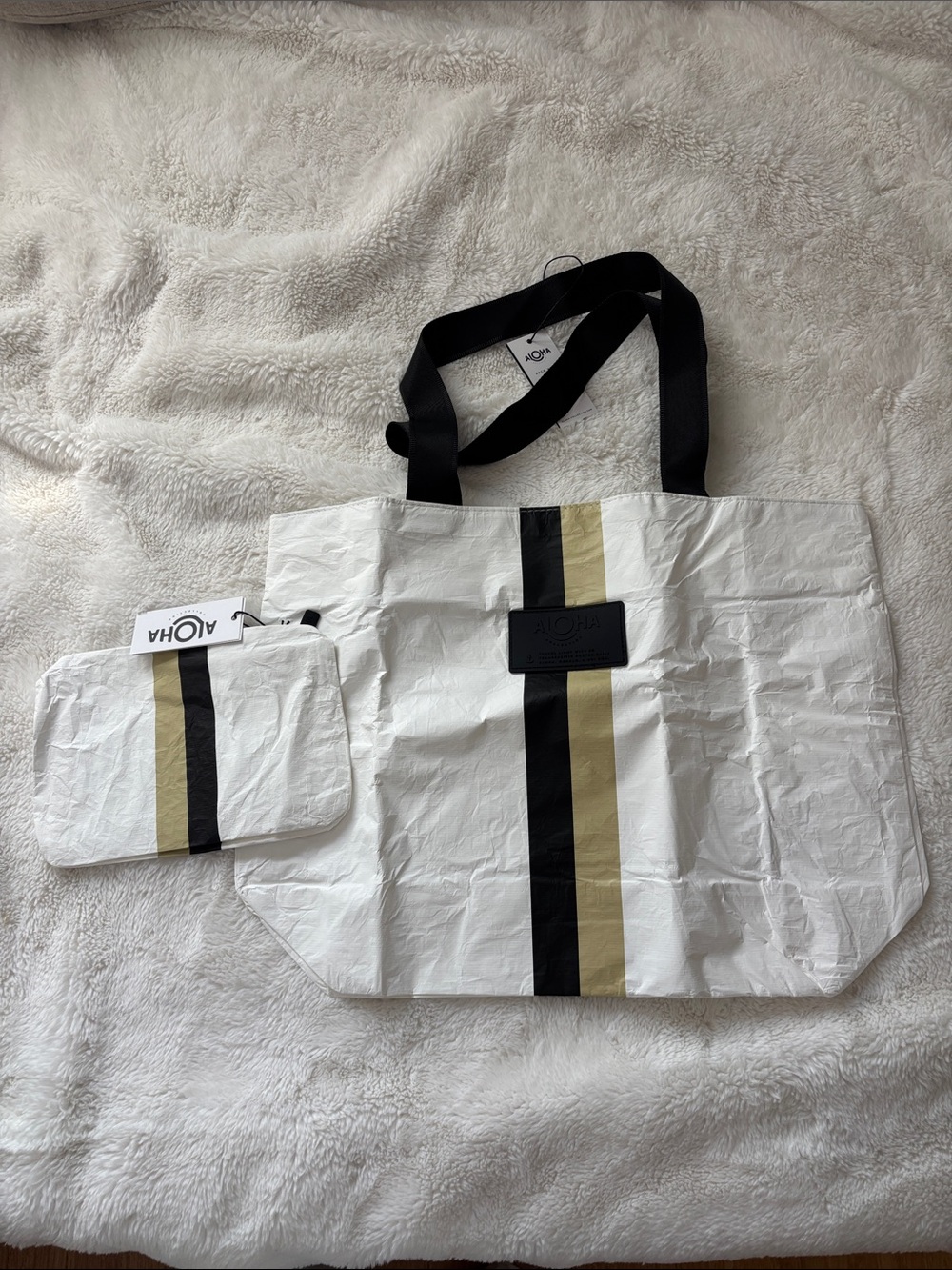 ALOHA Collection White Tote with Black and Tan Center Stripes and Pouch